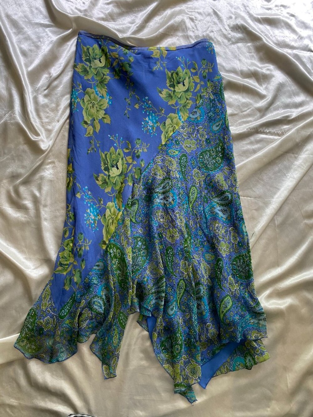 Vintage y2k Blue Green 100% Silk Paisley Floral Asymmetrical Fairy Boho Skirt L